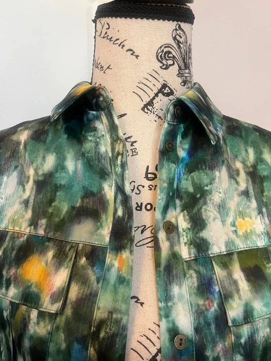 Abstract Green Button-Front Jean Jacket - Picture 2 of 6